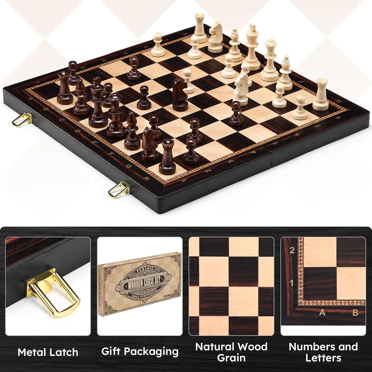 Large 19" Wooden Chess Set Foldable Board Weighted Pieces Extra Queens Classic