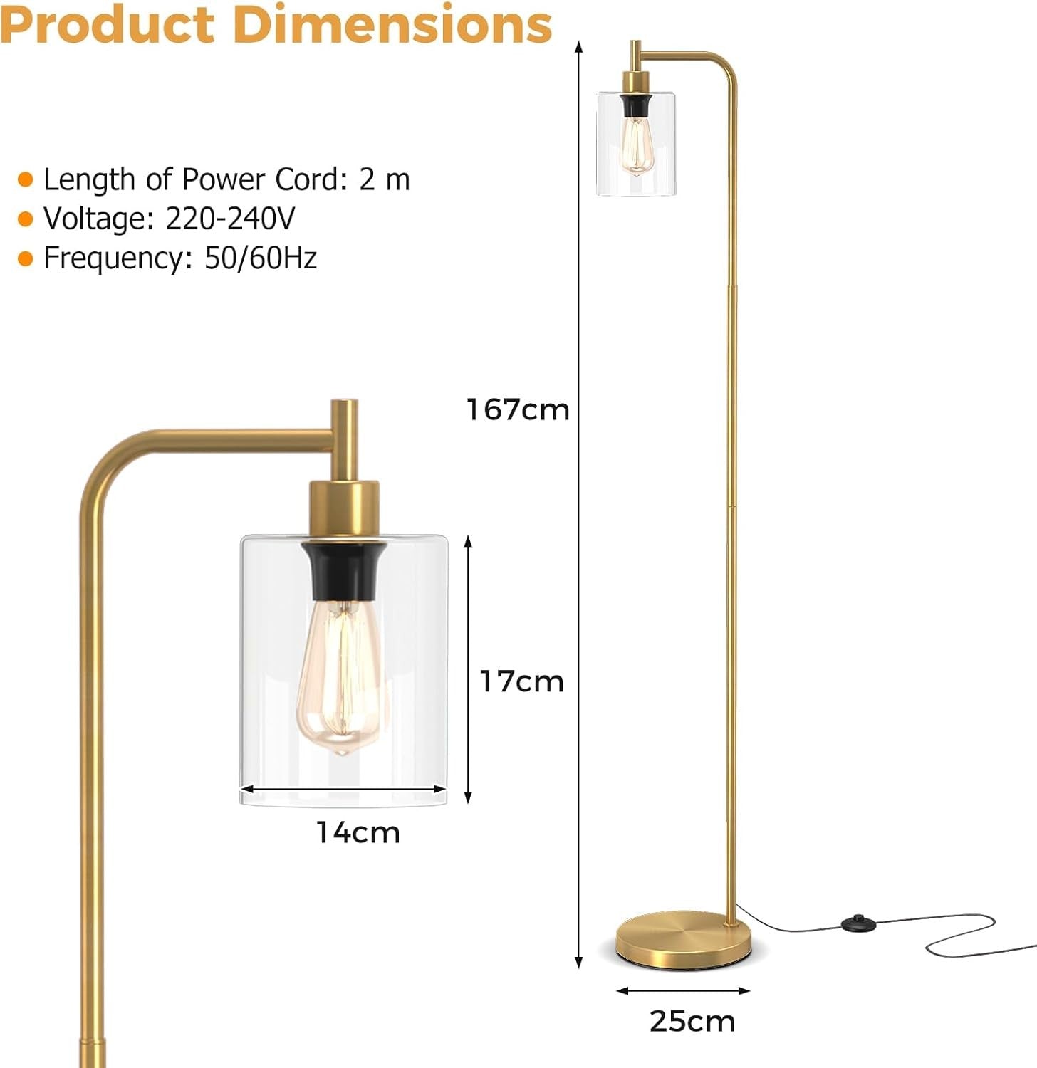 Industrial Floor Lamp Gold Glass Shade Tall Standing Light with Foot Switch