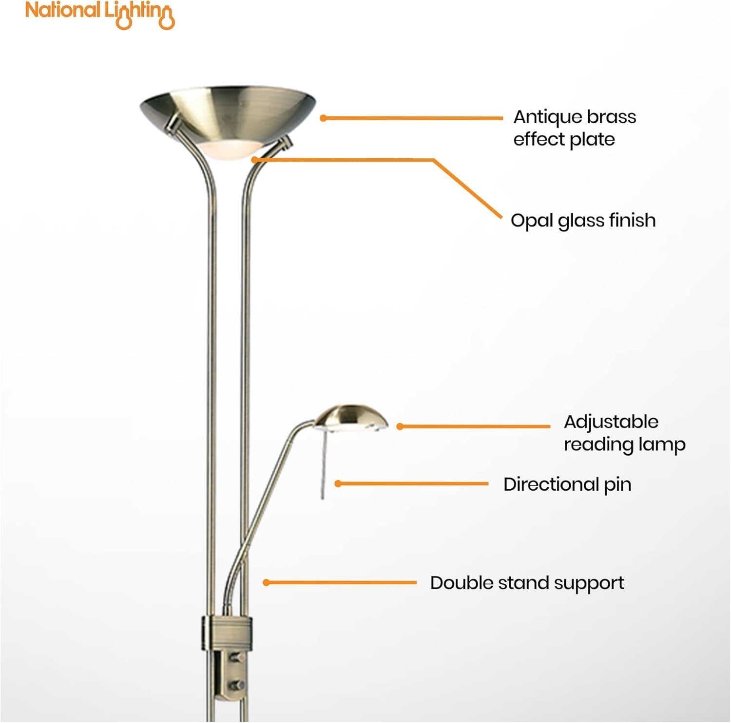Tall Dimmable Floor Lamp with Reading Light Brass Finish 180cm Dual Head