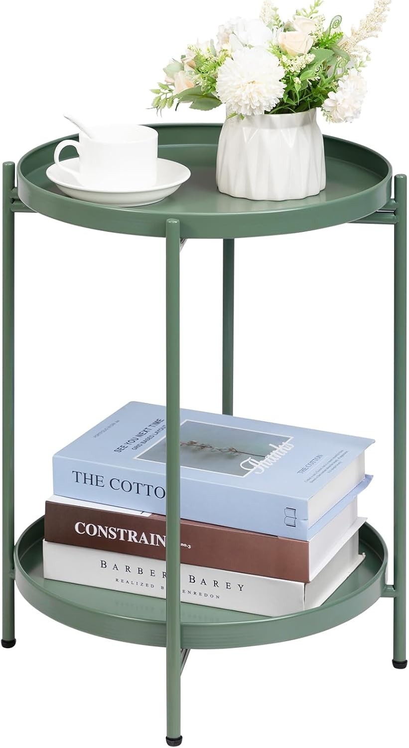 Small Round Metal Side Table 2-Tier Coffee Table Removable Tray Green