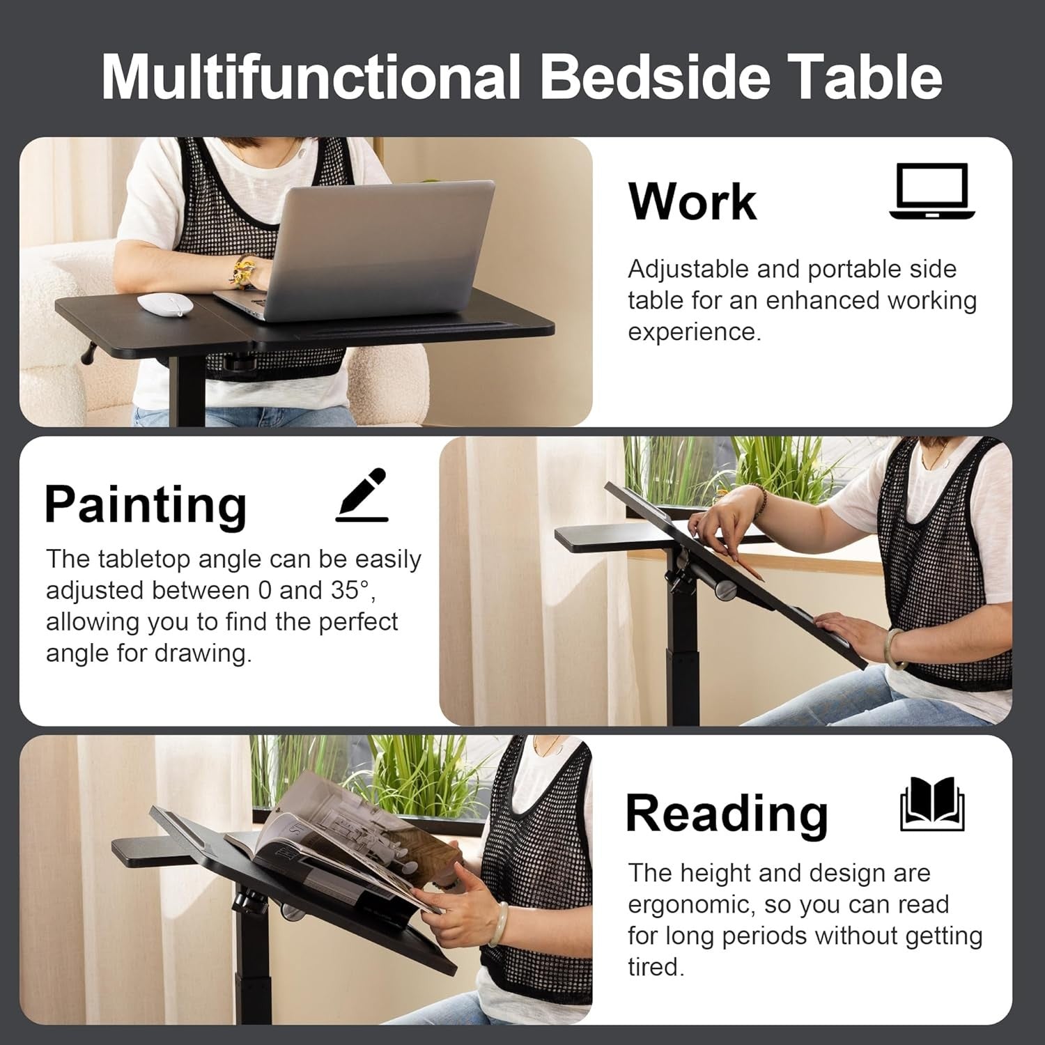 Overbed Laptop Table Height Adjustable Rolling Desk C Shape Tilt Top