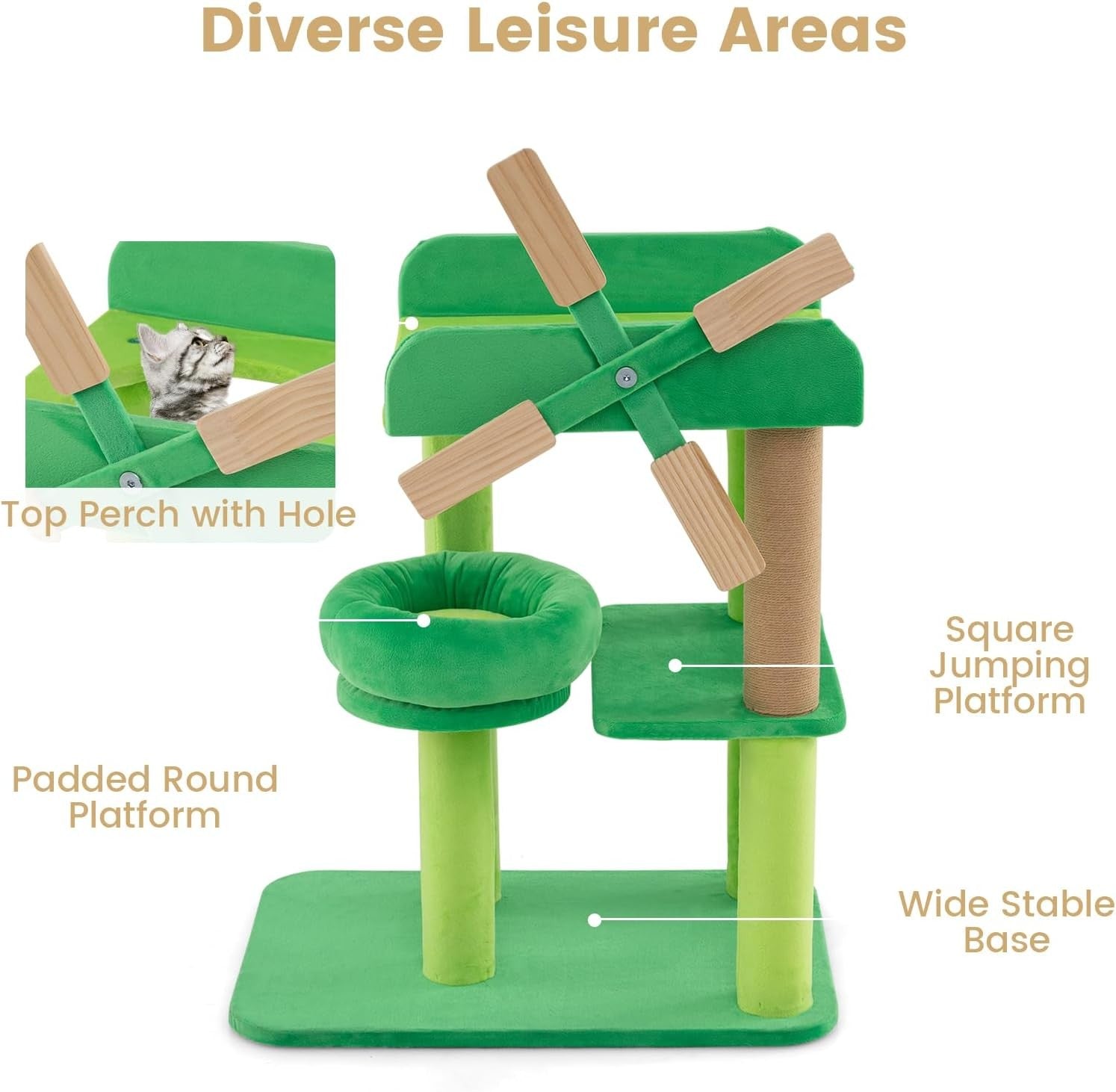 Green Windmill Cat Tree Multi-Level Scratching Tower Indoor Activity Center