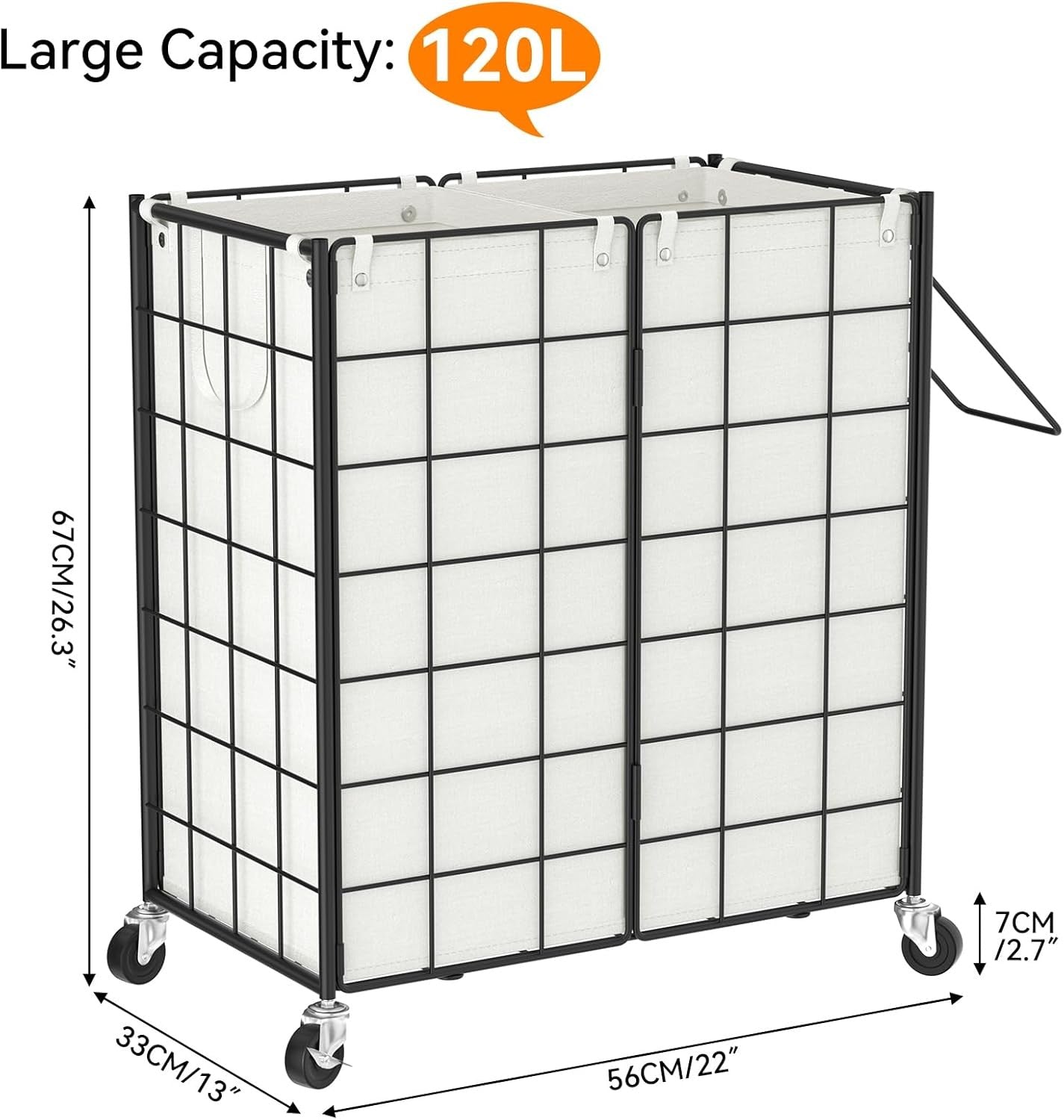 120L Double Laundry Hamper on Wheels with 2 Removable Bags Metal Rolling Basket