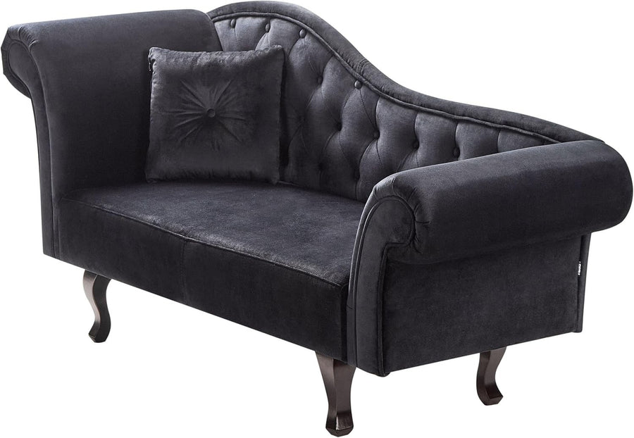 Black Velvet Left Hand Chaise Lounge | Button Tufted, Cushion, Wood Legs