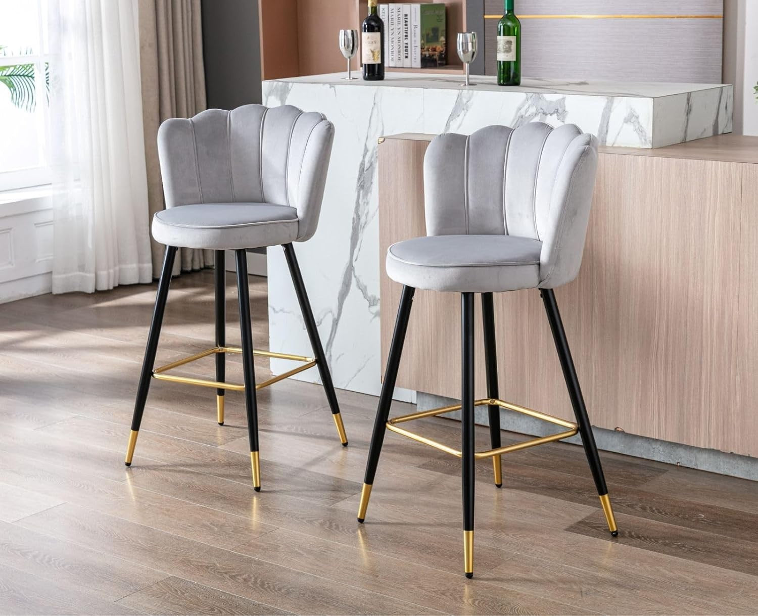 Gray Velvet Bar Stools Set of 2 – Kitchen Counter Chairs