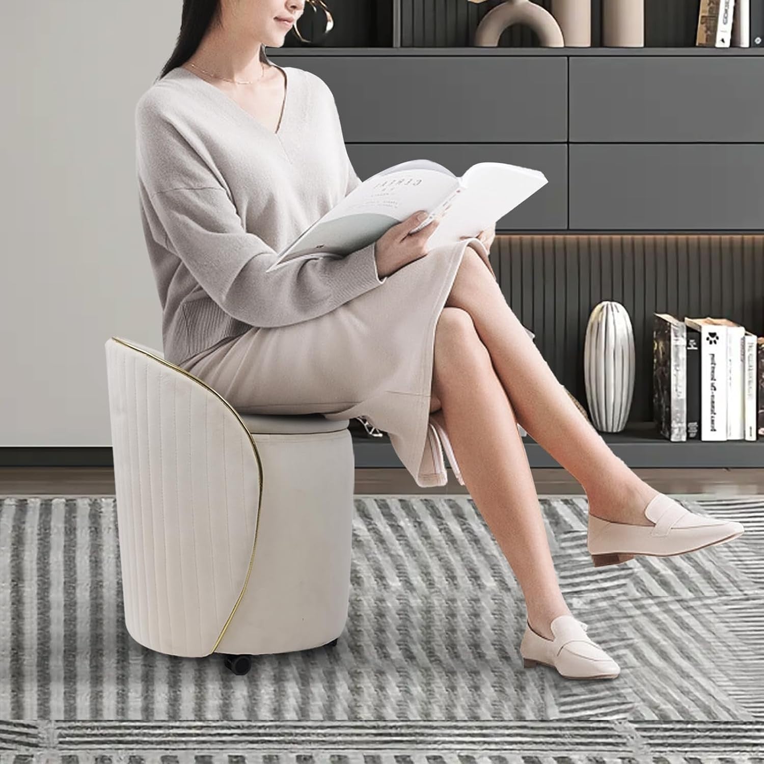 Beige Velvet Round Storage Ottoman Swivel Stool with Backrest & Wheels