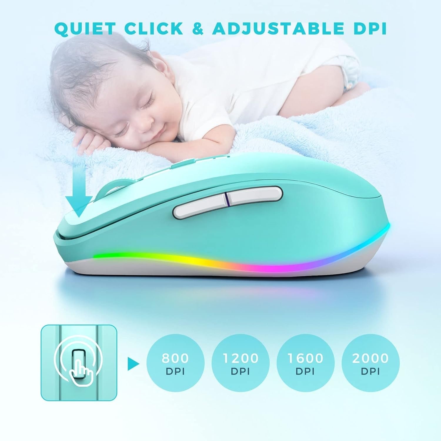 LED Wireless Mouse Rechargeable Silent USB Jiggler Green RGB