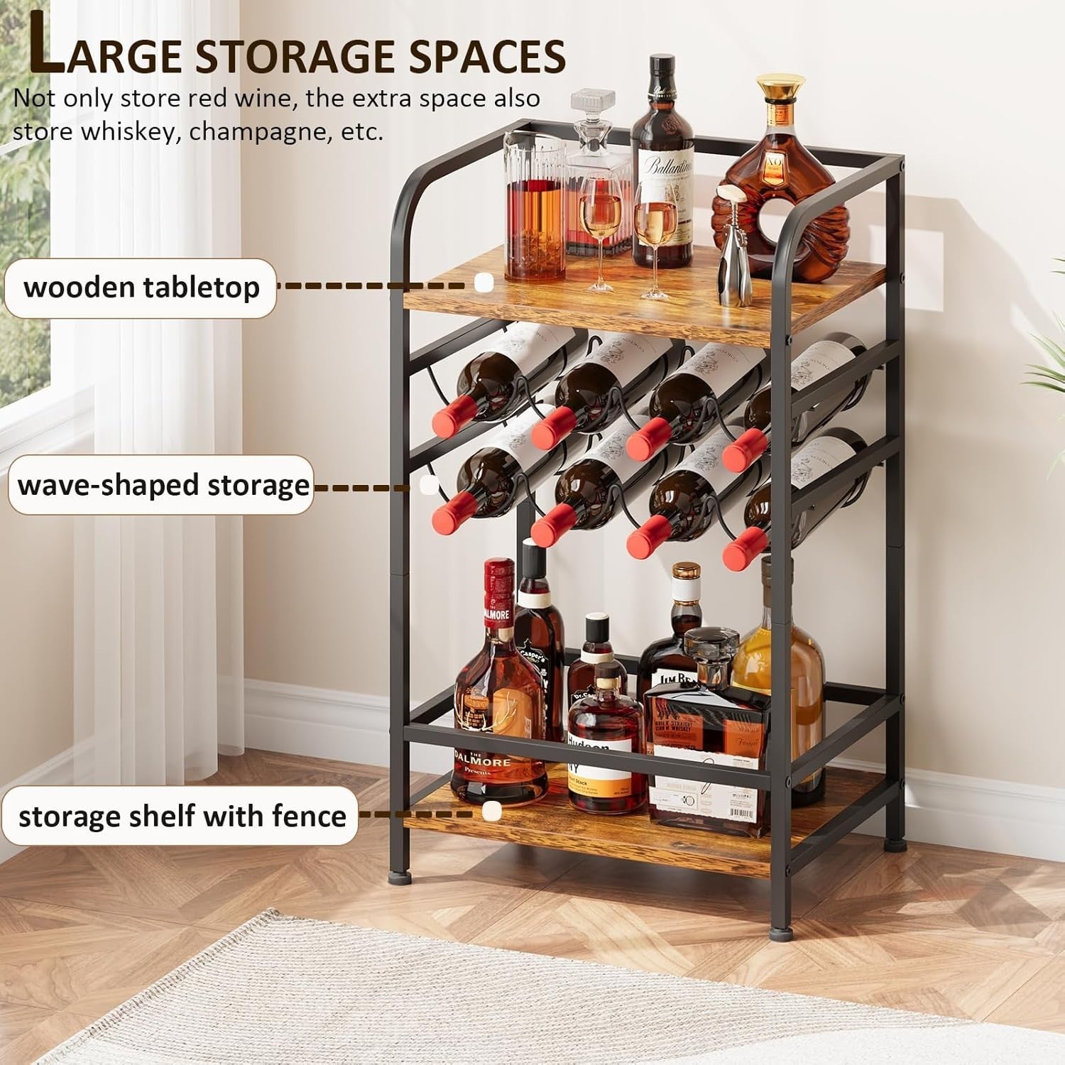 Free Standing Wine Rack with Shelves & Table Top 8 Bottle Storage Metal Wood Bar