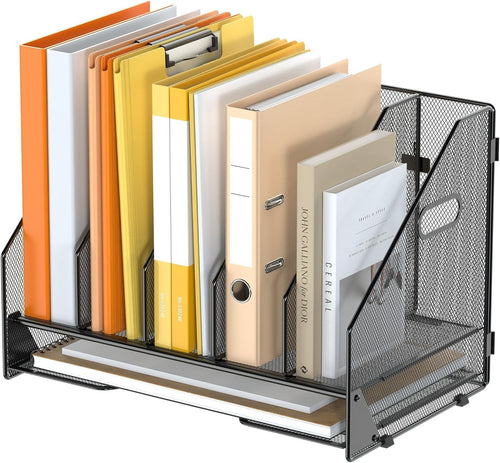 Desktop File Organizer Rack – 5 Vertical Compartments, Mesh Folder Holder, Home