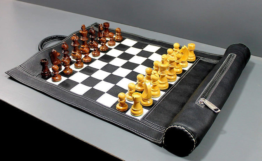Luxury Roll-Up Leather Chess Set 19"×15" Portable Board With Wooden Pieces