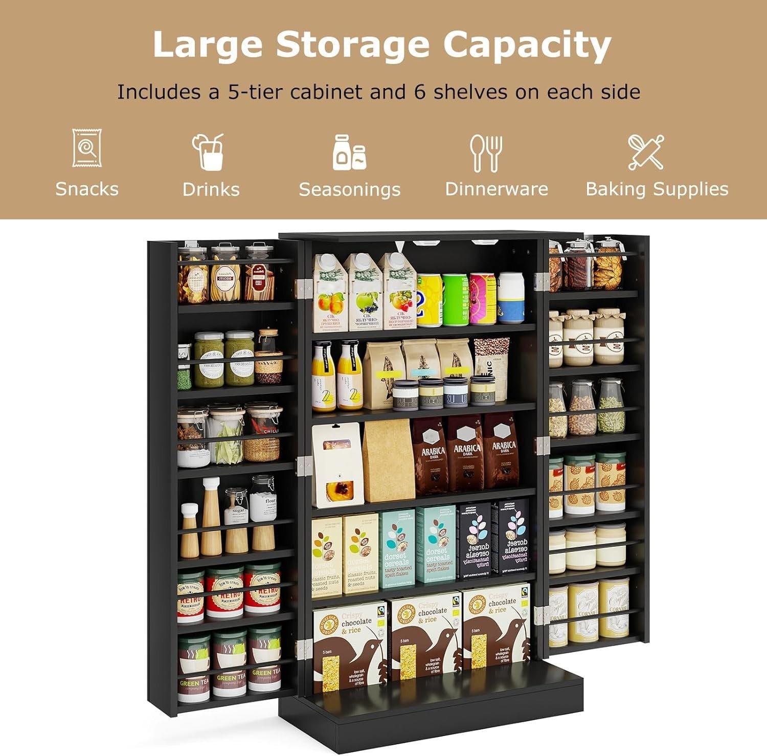 Kitchen Cupboard Pantry Cabinet 17 Shelves 2 Doors Black Small