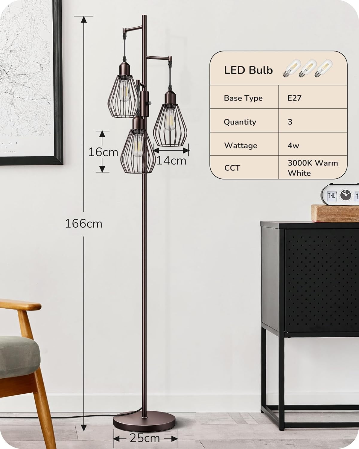 Industrial Floor Lamp Dimmable 3 Light Wire Cage Tall Standing Lamp