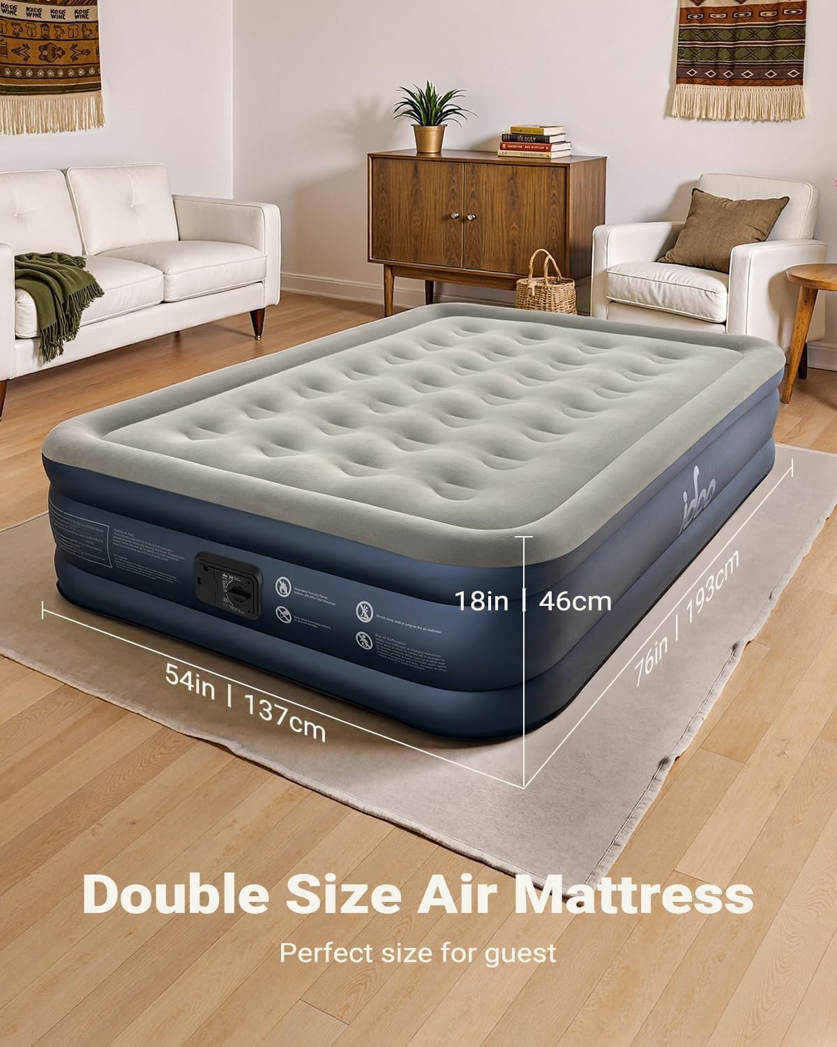 Double Air Mattress with Built-In Pump Quick Inflate Flocked Surface 295kg Max
