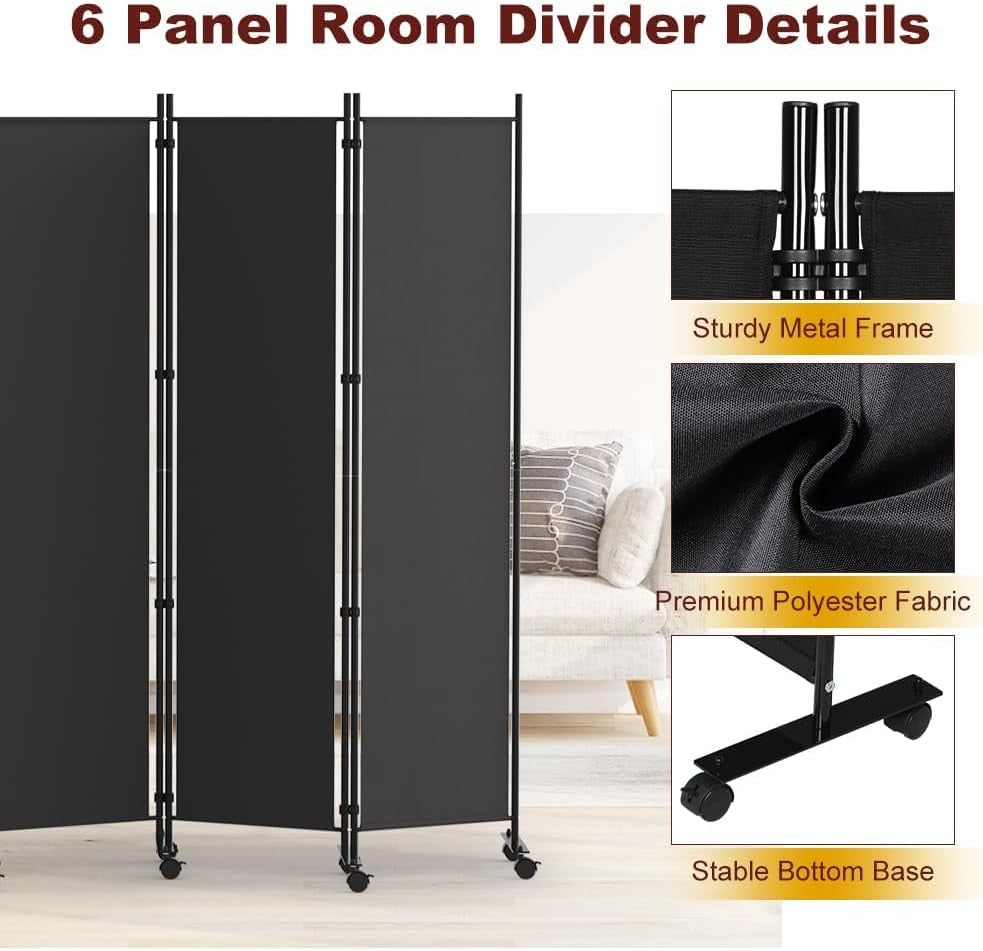6 Panel Room Divider Folding Privacy Screen with Lockable Wheels – Large Black P