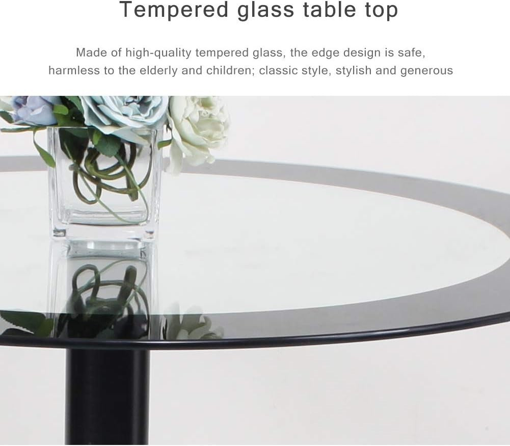 Round Glass Dining Table 90cm Black Tempered Metal Base Kitchen Table