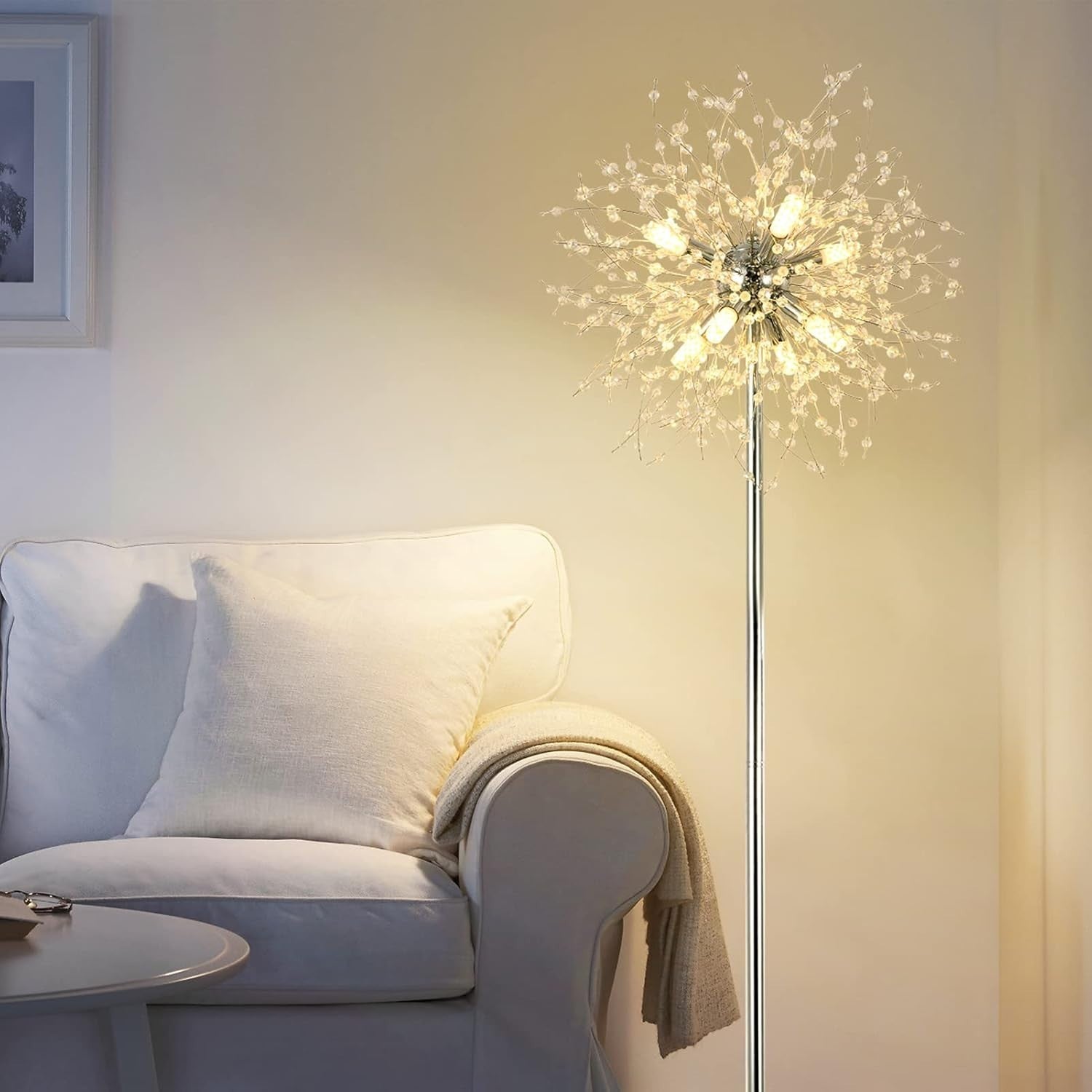 Modern Crystal Floor Lamp Chrome, 8-Light Firework Design, 170cm Tall