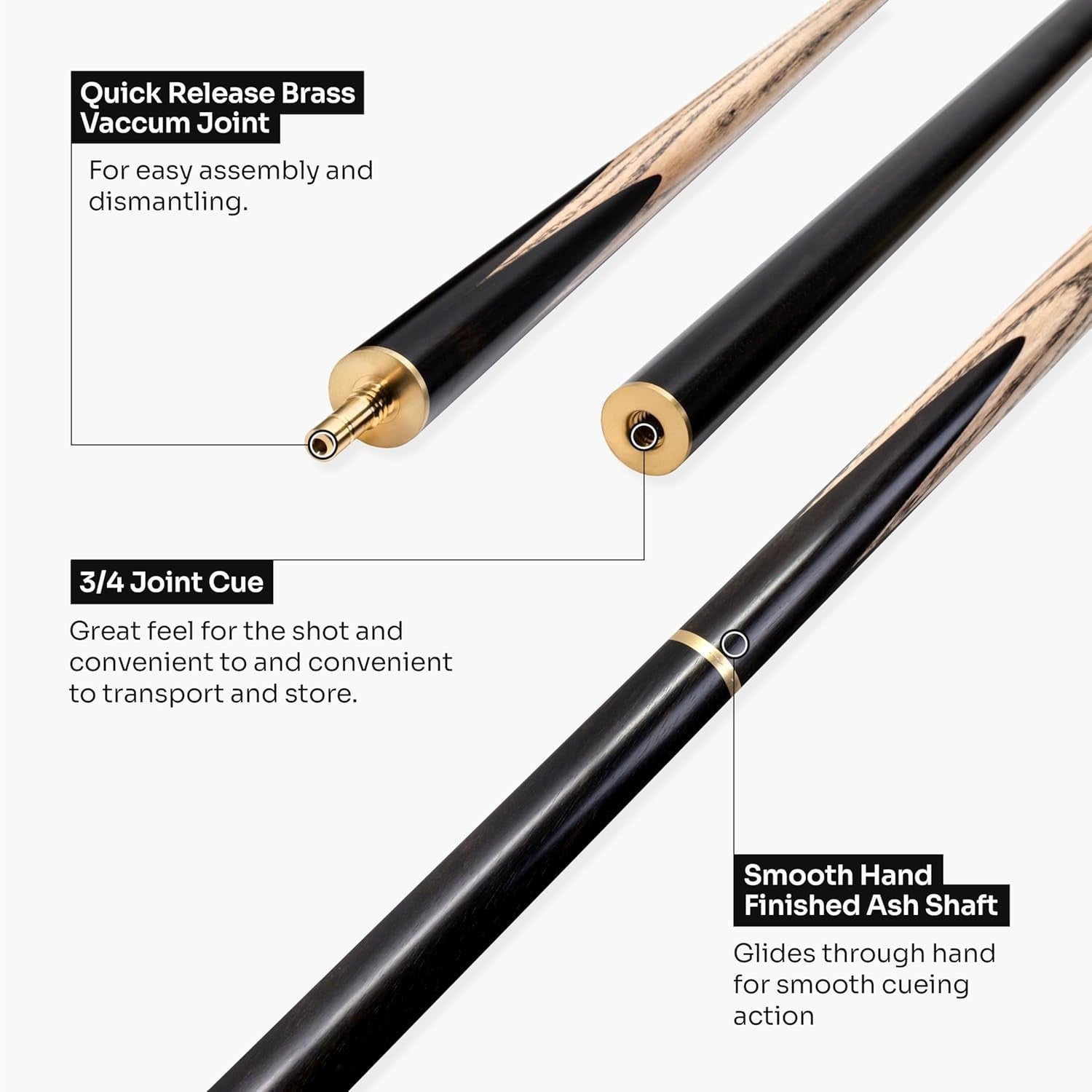 58in 3/4 Joint Snooker Cue Ebony Butt Ash Shaft 9.75mm Pro Tip