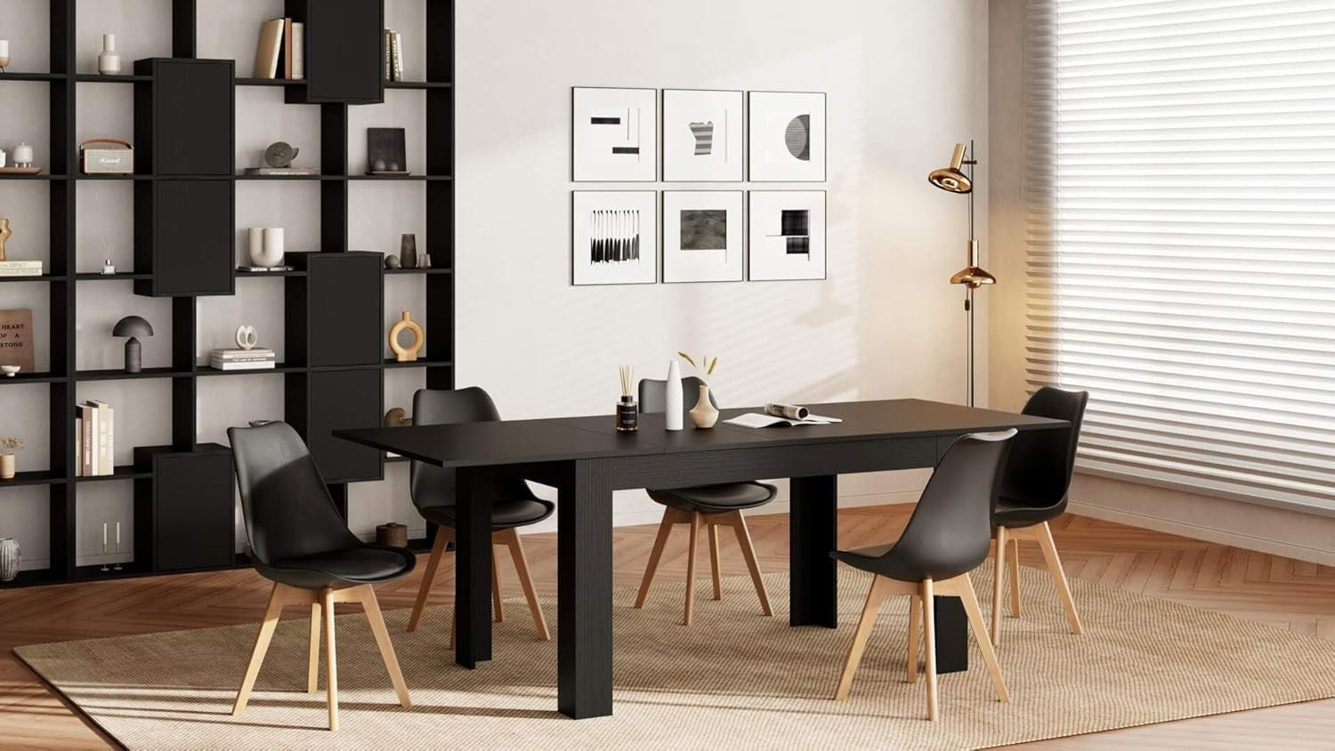 Extendable Dining Table Black 220cm Wood 6–8 Seater Modern Space Saver
