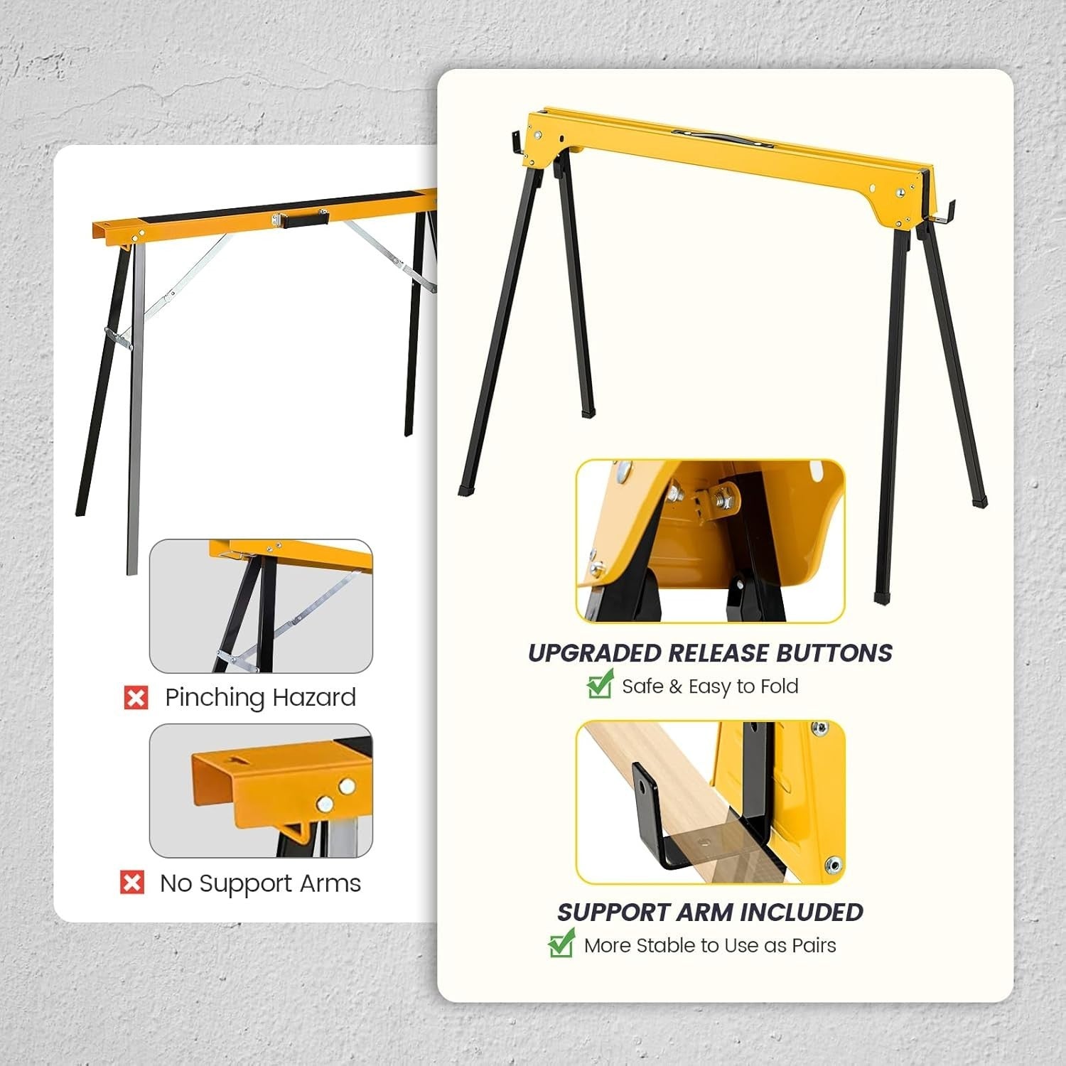 Yellow Folding Sawhorses 2-Pack Steel Trestles 227kg Load w/ Support Arms