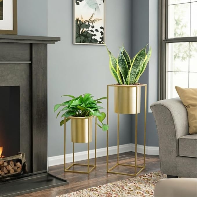 Set of 2 Gold Metal Planters with Stand Indoor Outdoor Tall Plant Pots Display