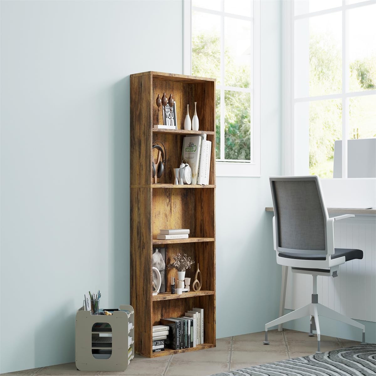 Rustic Wood 6 Tier Tall Bookcase Free Standing Open Shelf Storage Unit