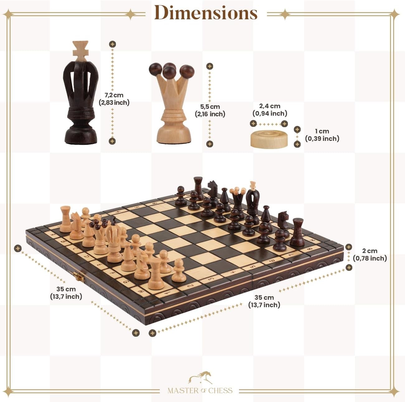 Luxury 2-in-1 Wooden Chess & Checkers Set | 35cm Folding Board | Handmade Gift