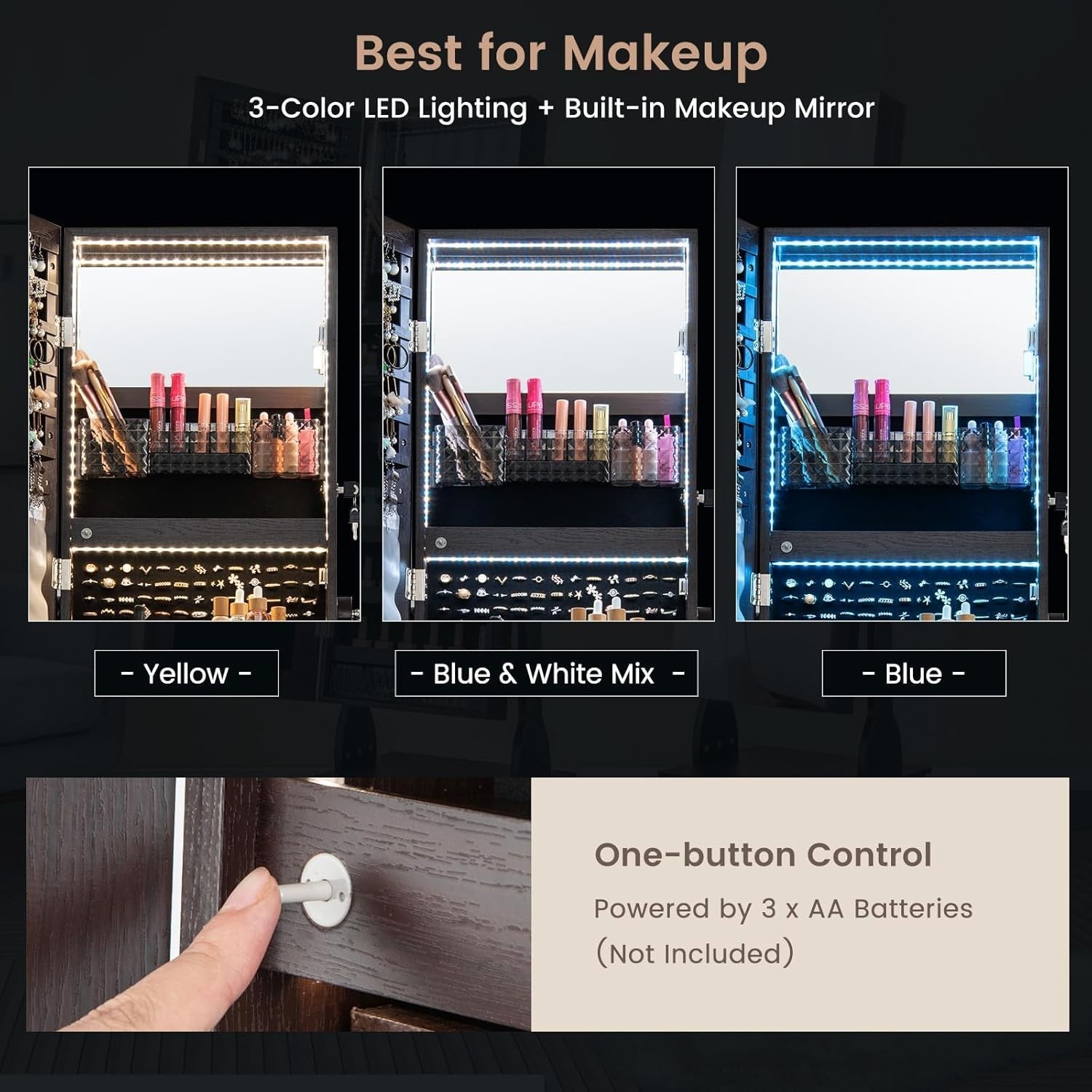 LED Standing Jewelry Armoire Lockable Mirror Cabinet with Wheels Coffee