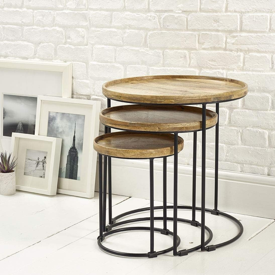Wood Nesting Tables Set of 3 Round Oak Walnut Wood End Side Coffee Table New