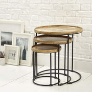 Wood Nesting Tables Set of 3 Round Oak Walnut Wood End Side Coffee Table New