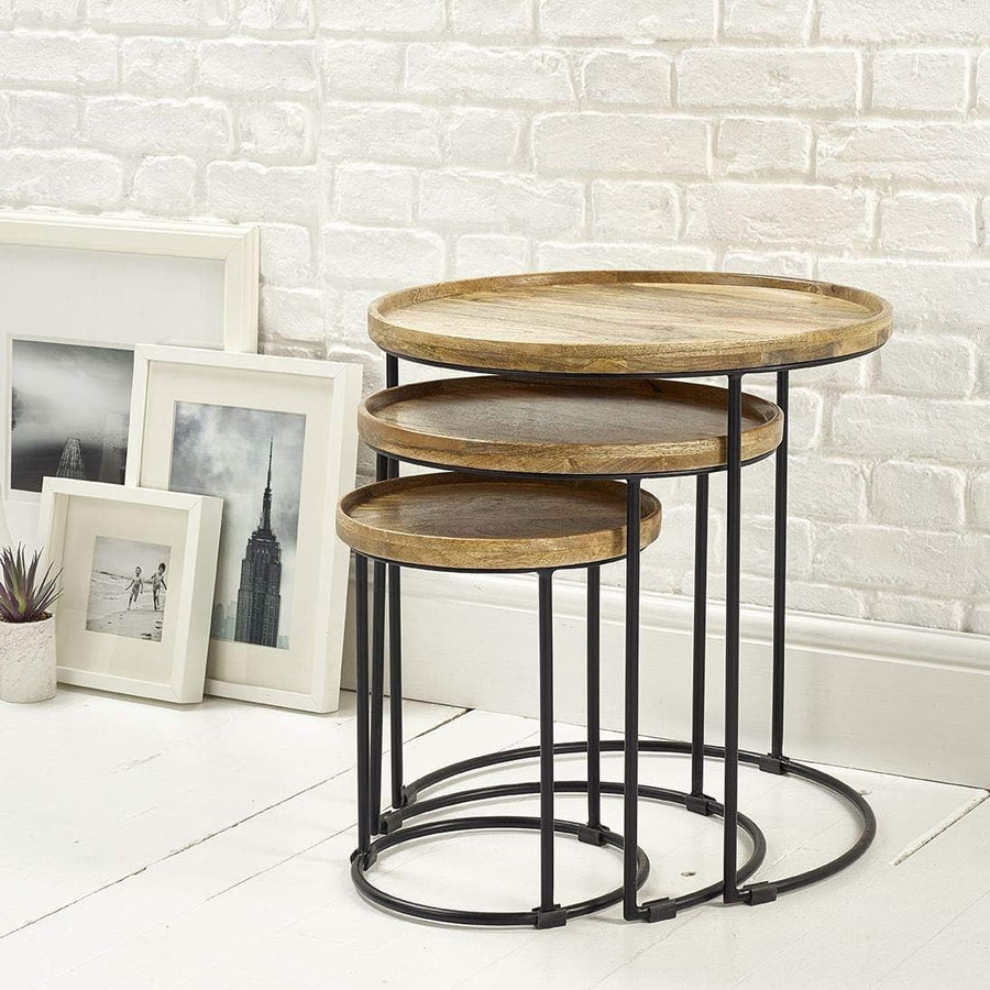 Wood Nesting Tables Set of 3 Round Oak Walnut Wood End Side Coffee Table New