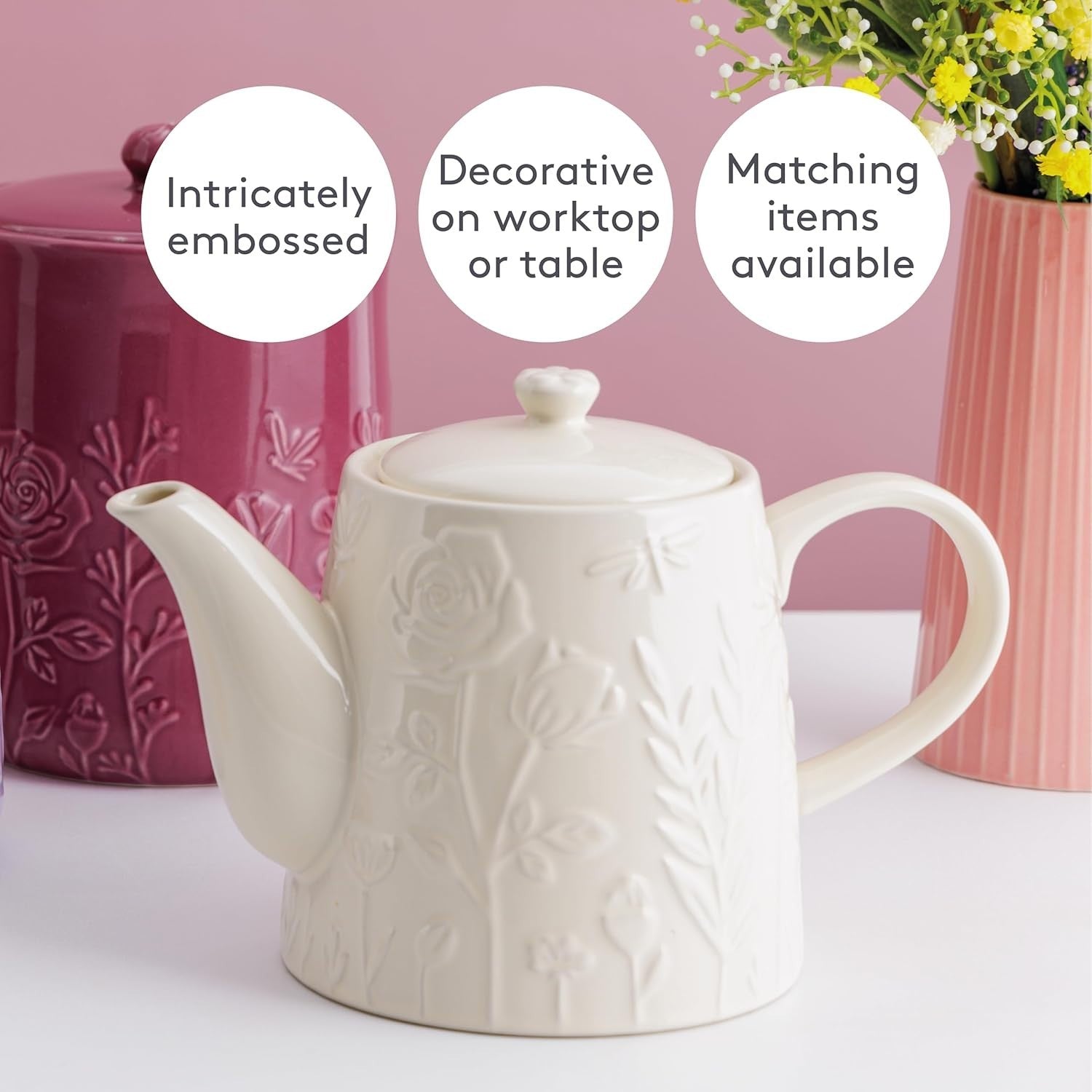 Ceramic Teapot 800ml Embossed Floral Stoneware Tea Pot Cream
