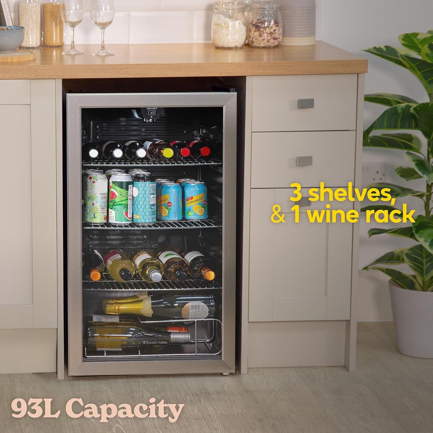 Under Counter Drinks Fridge Stainless Steel Glass Door LED Cooler 93L 48 Can