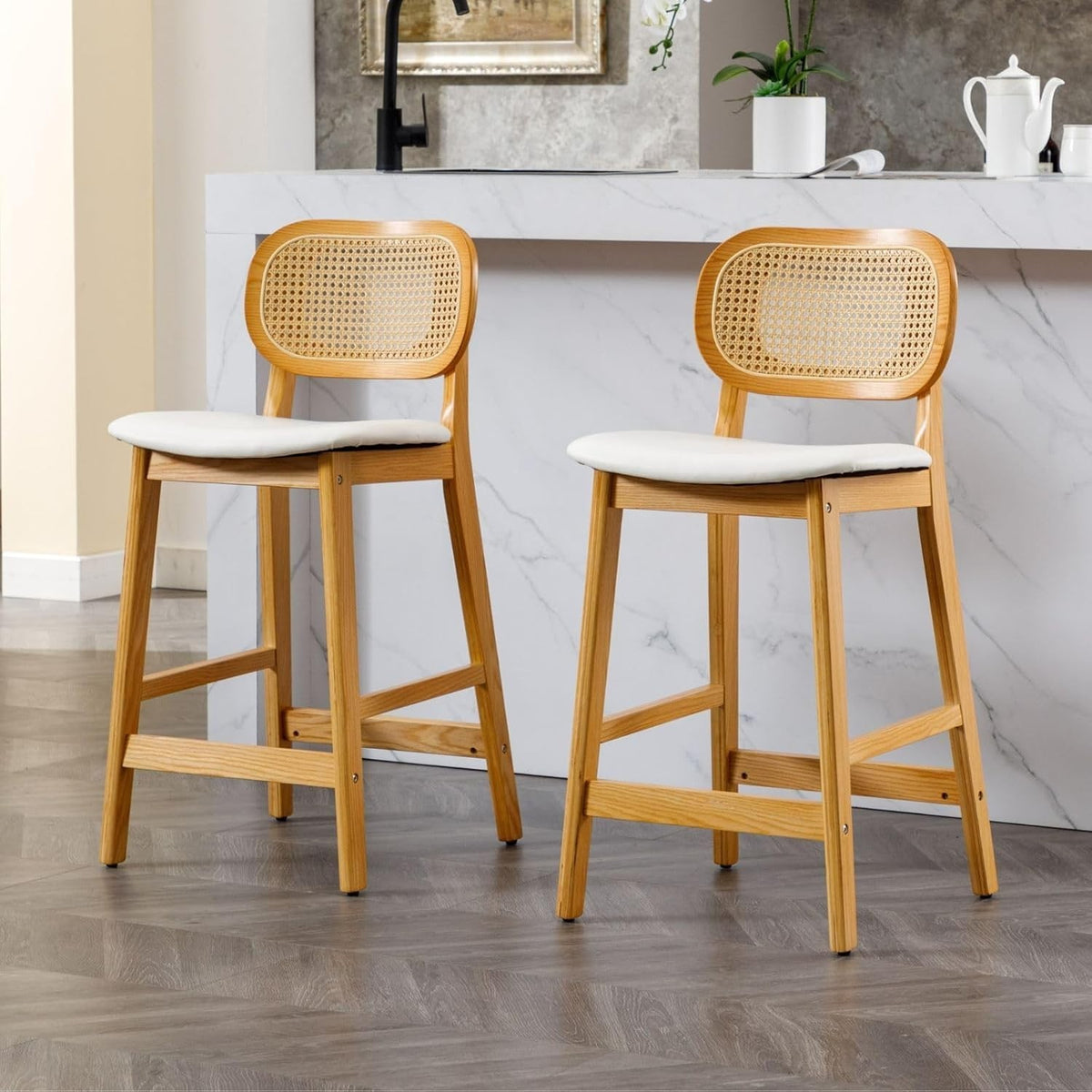 White Rattan Bar Stools Set of 2 Counter Height Wooden Kitchen Island Chairs