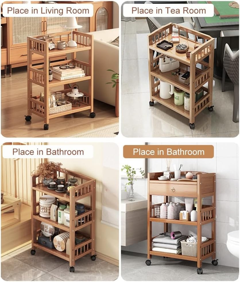 3 Tier Bamboo Storage Trolley on Wheels Rolling Utility Cart Organiser
