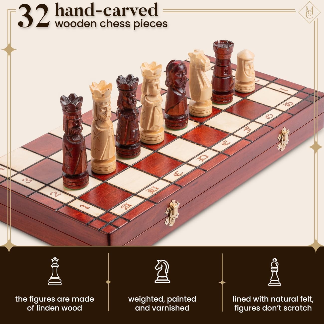 50cm Luxury Inlaid Wooden Chess Set – Handcrafted Folding Board & Tall Weighted