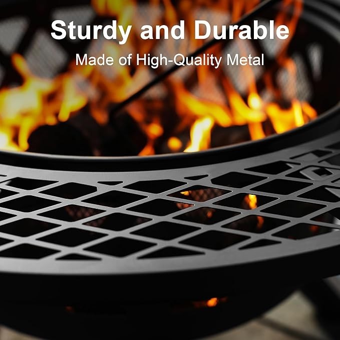 Outdoor Wood Burning Fire Pit with 360° Cooking Grill Large 32" Metal Bowl