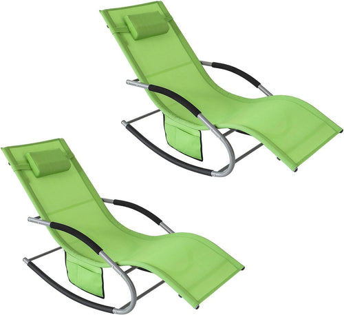 Ergonomic Outdoor Rocking Sun Lounger Chair with Cushion & Side Pocket Green
