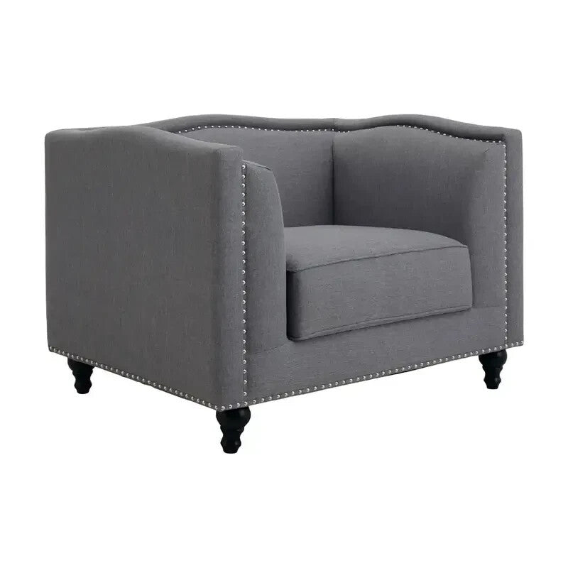 Grey Fabric Armchair – Boxy Design, Stud Trim, Modern Lounge Accent Seat