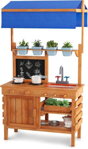 Outdoor Mud Kitchen Kids Playset w/ Canopy Sink Pots Chalkboard