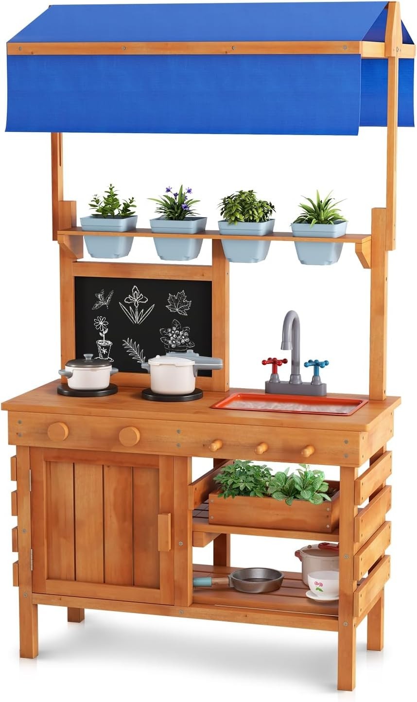 Outdoor Mud Kitchen Kids Playset w/ Canopy Sink Pots Chalkboard