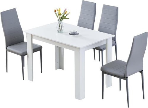 Modern 5-Piece Dining Set White Table Grey Leather Chairs Kitchen Room