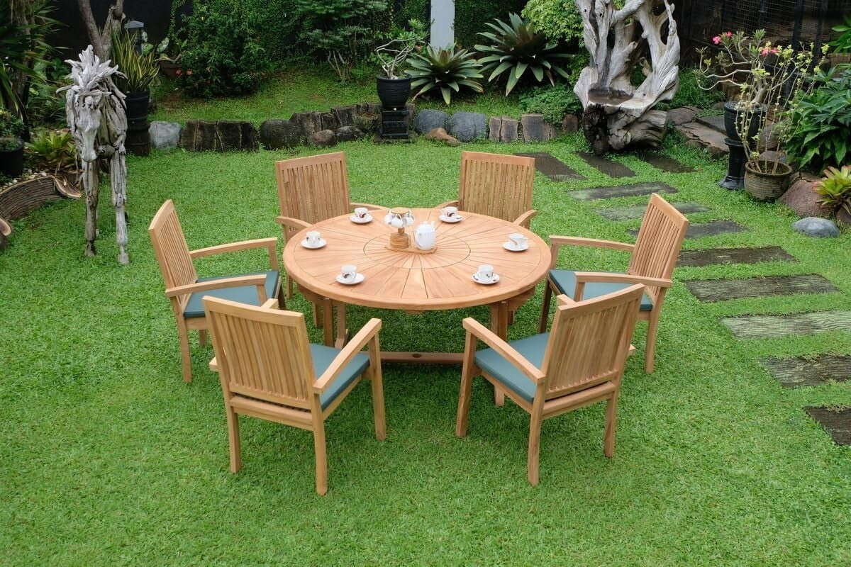 Teakwood Outdoor Garden Dining Set with Parasol & Cushions - 7 Piece Patio