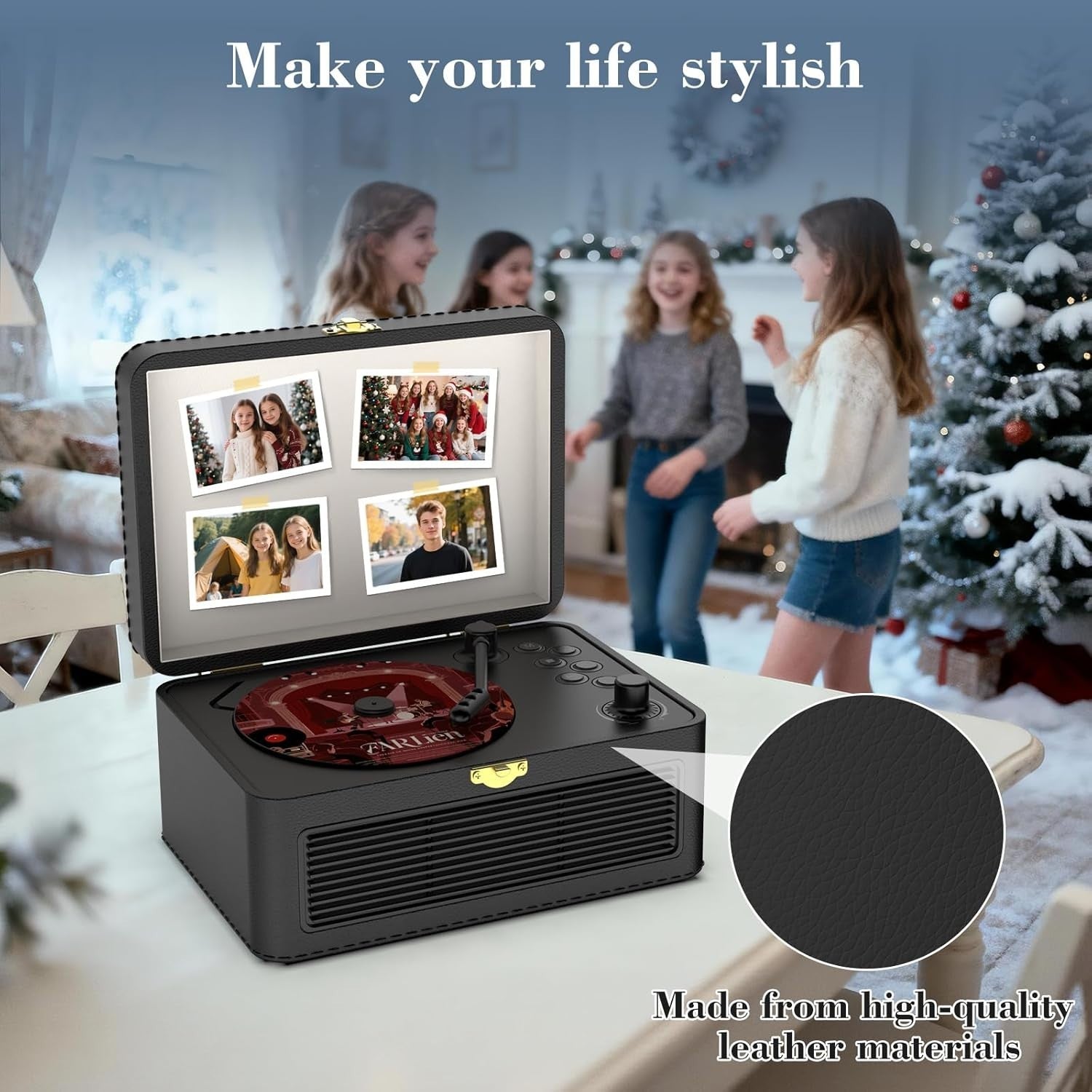 Retro Bluetooth CD Player FM Radio USB AUX HiFi Speakers Black PU