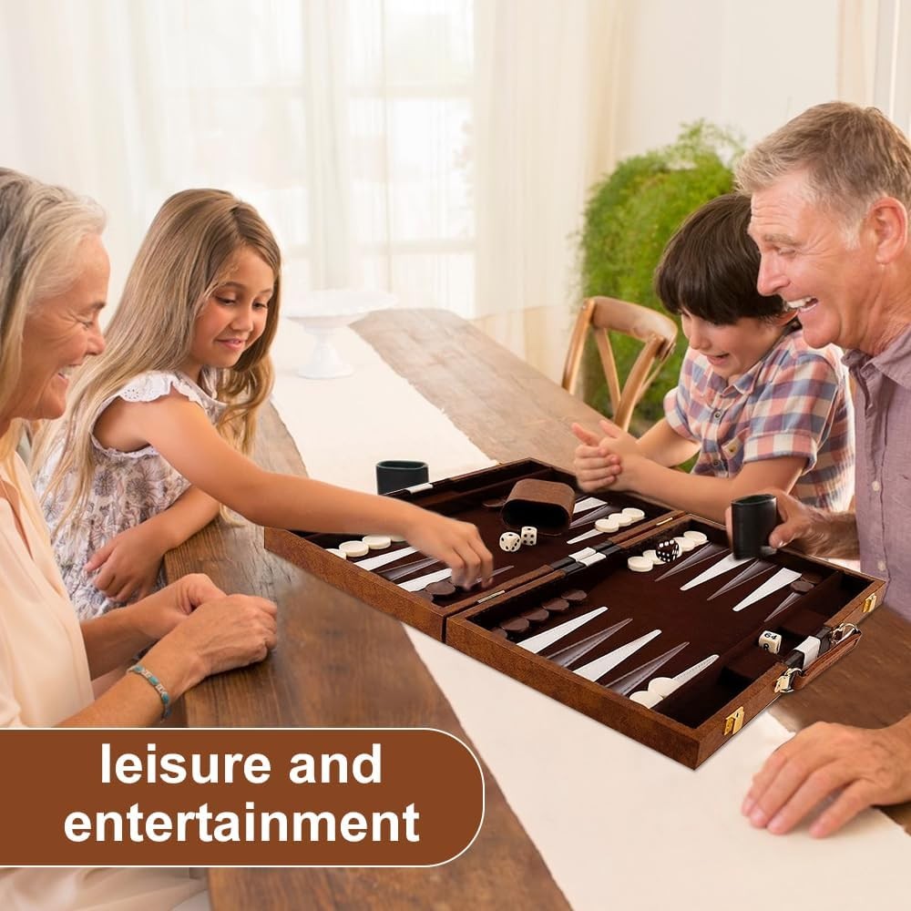 15 Inch Backgammon Set Leather Case Portable Board Game Dice Cups