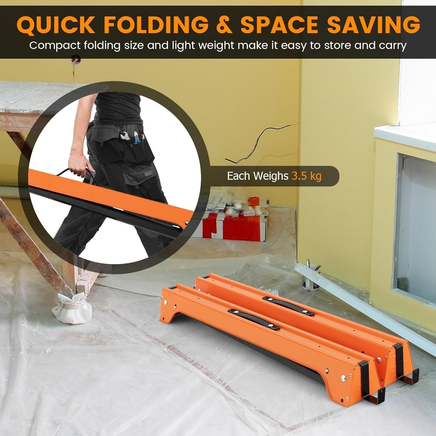 Folding Sawhorse Twin Pack Heavy Duty 454kg 2x4 Support Arms Orange 92x48