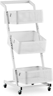 3 Tier Rolling Storage Trolley Metal Basket Organizer with Wheels White