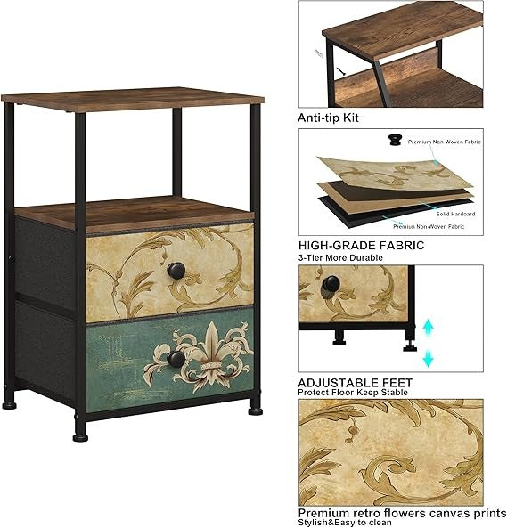 Vintage 2-Piece Bedside Tables with Drawers & Open Shelves, Rustic Storage Units