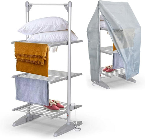 Electric 3 Tier Heated Clothes Airer with Cover Foldable 36 Heated Rails