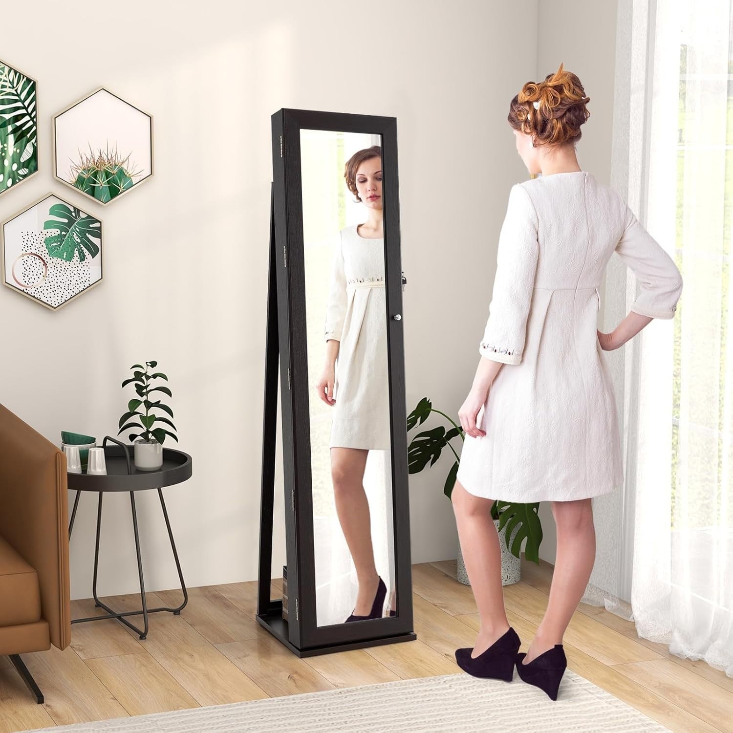 Espresso Jewelry Cabinet Mirror Lockable 3-in-1 Freestanding Storage