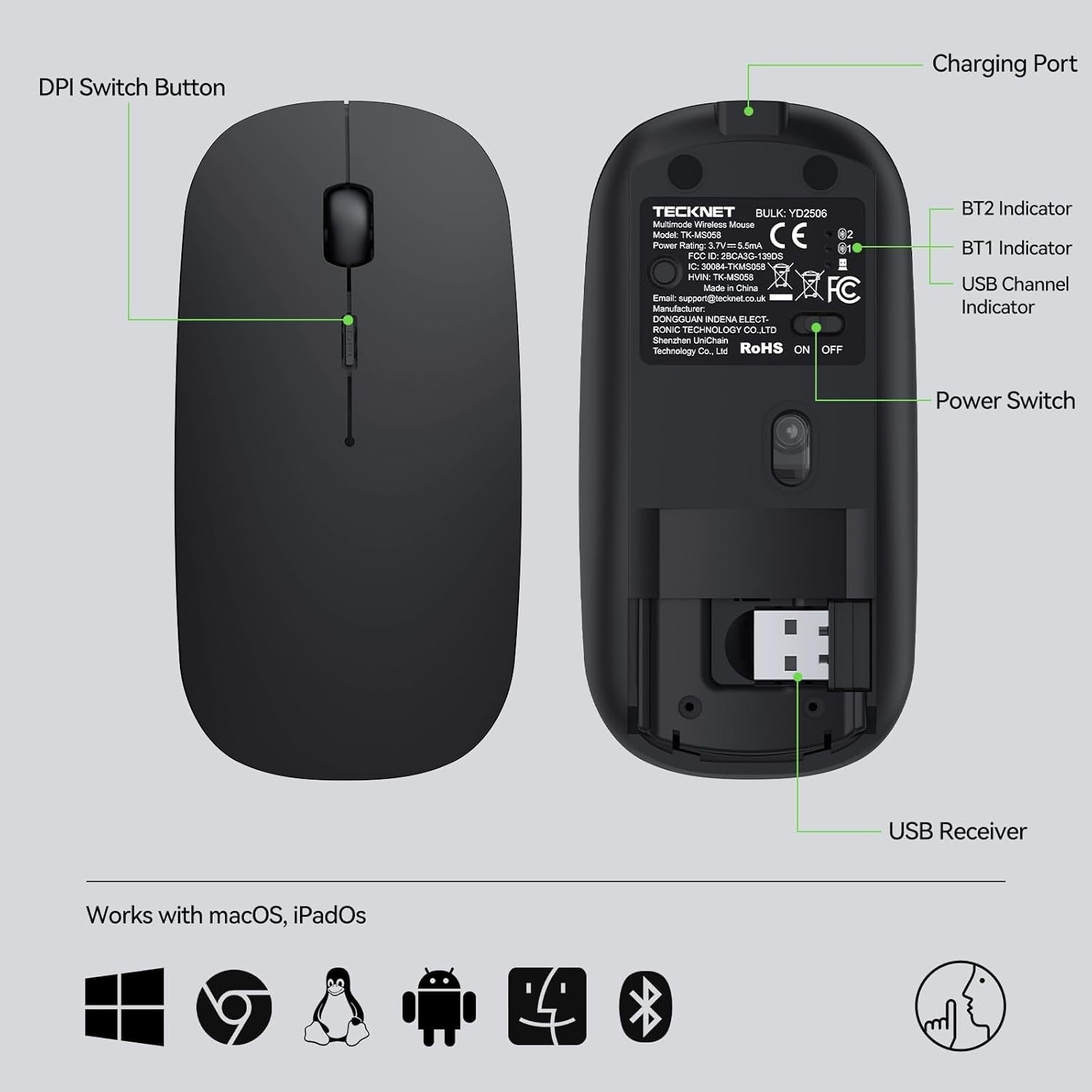 Slim Bluetooth Wireless Mouse Rechargeable 4800 DPI USB-C Silent